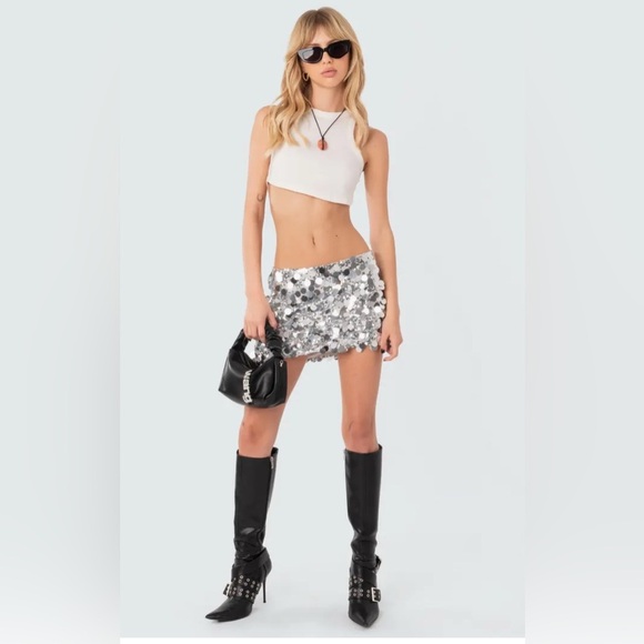 Edikted Sabrina Silver Sparkling Low Rise Mini Skirt NWT- Size Small - Picture 1 of 10